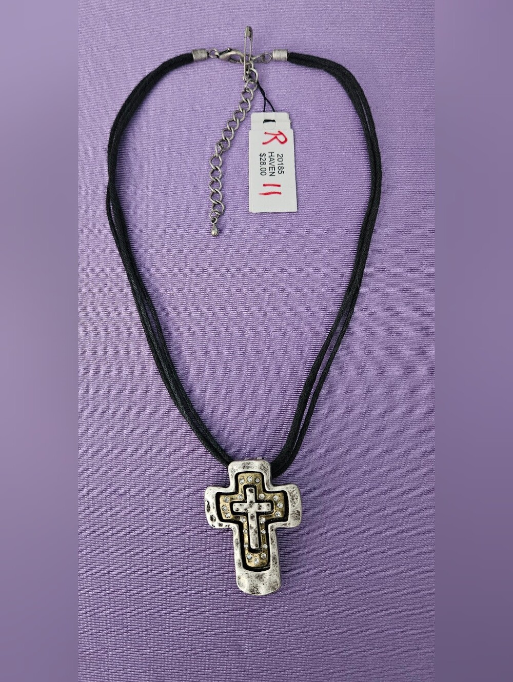 Silver Cross Pendant Necklace with Black Cord NWT